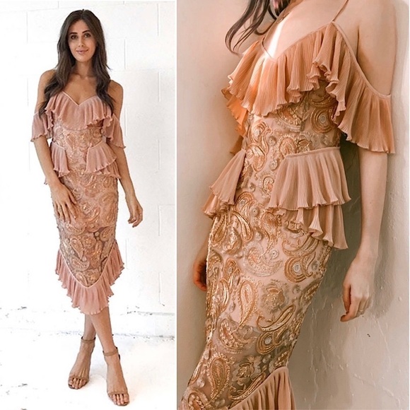 ALICE MCCALL 70s Off Shoulder Ruffle Metallic Paisley Embroidered Midi Dress 6 - Picture 2 of 16